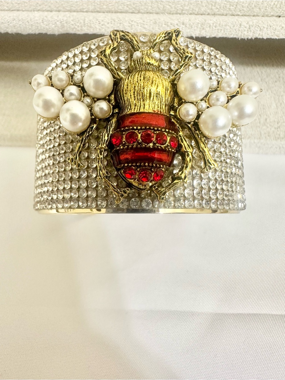 Up to 7.75” Gold Bee Motif Cuff w/ Clear & Red Rhinestones & Pearl Accents